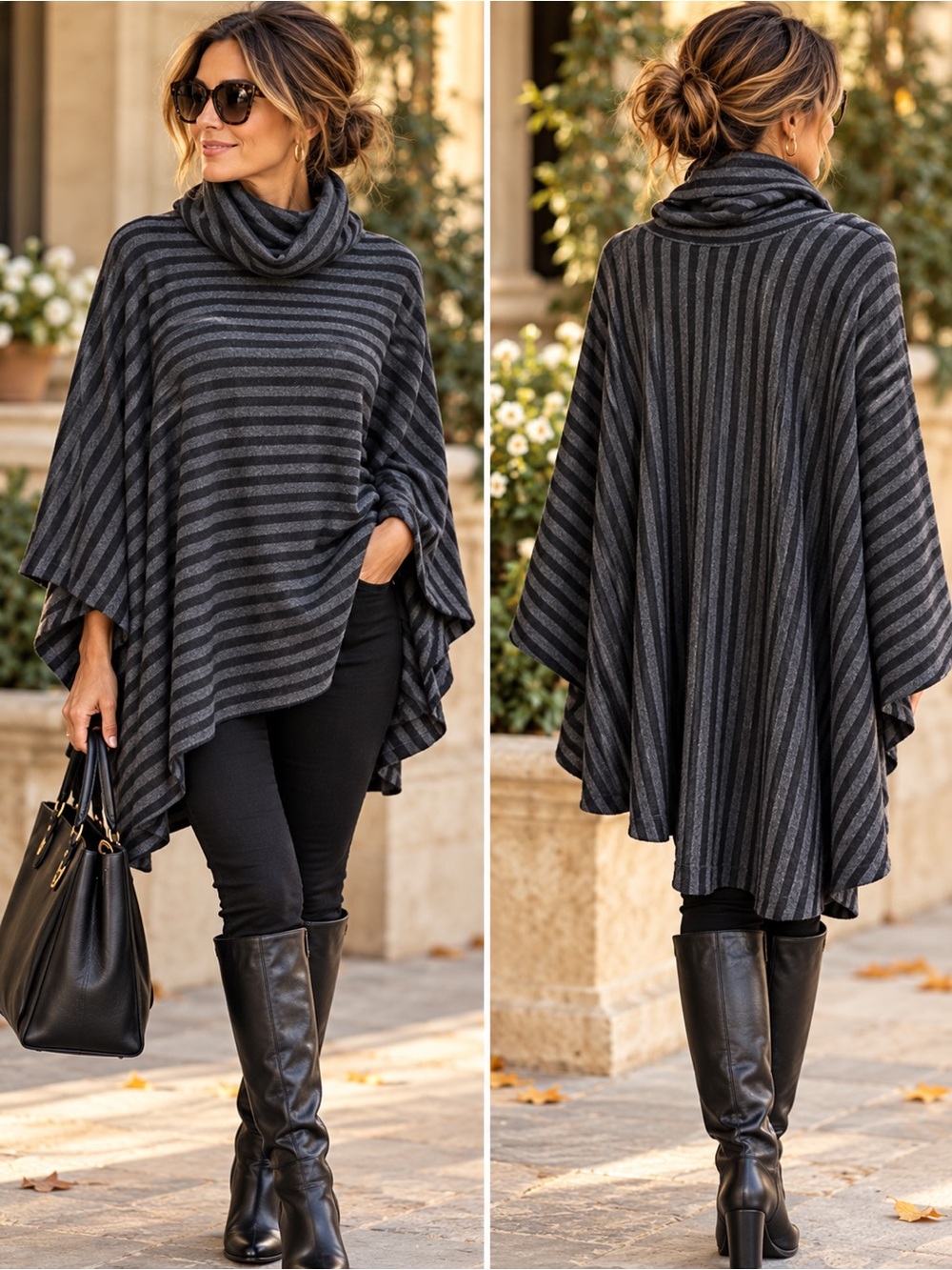 Soft Surroundings Presley Poncho Black Gray Striped Cowl Neck One Size Made USA